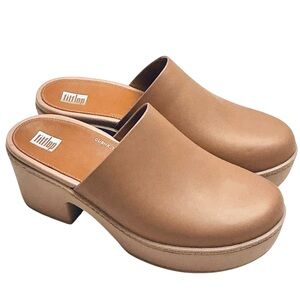 Fitflop Pilar Leather Chunky Platform Mule Clog in Beige Size 8.5